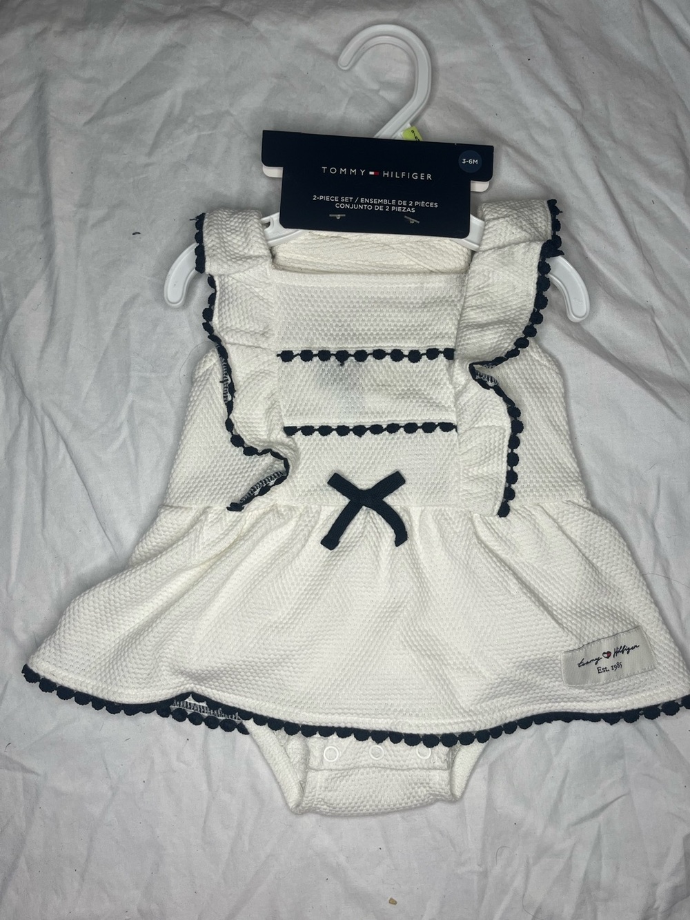Tommy Hilfiger White Baby Dress-Style Bodysuit 3-6M with Navy Trim and Bow